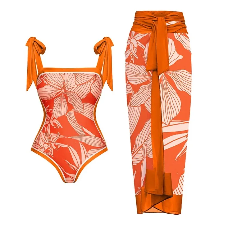 

One Piece Swimsuit For Women One-Piece Swimsuit Lace-Up Printed One-Piece Swimsuit And Wrap Skirt Set