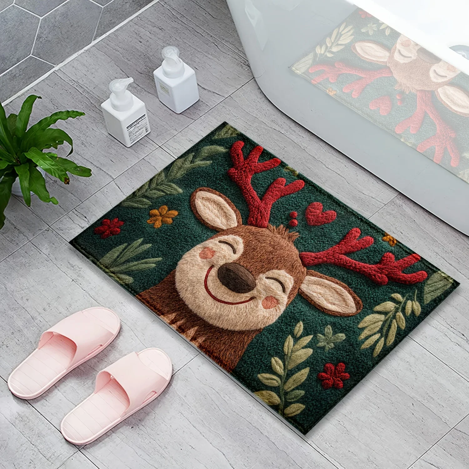 2D Printed 1pc Christmas Reindeer Faux Imitation Cashmere Soft Comfortable Mat - Quick-Dry & Absorbent, Suitable for Doorway, Ki