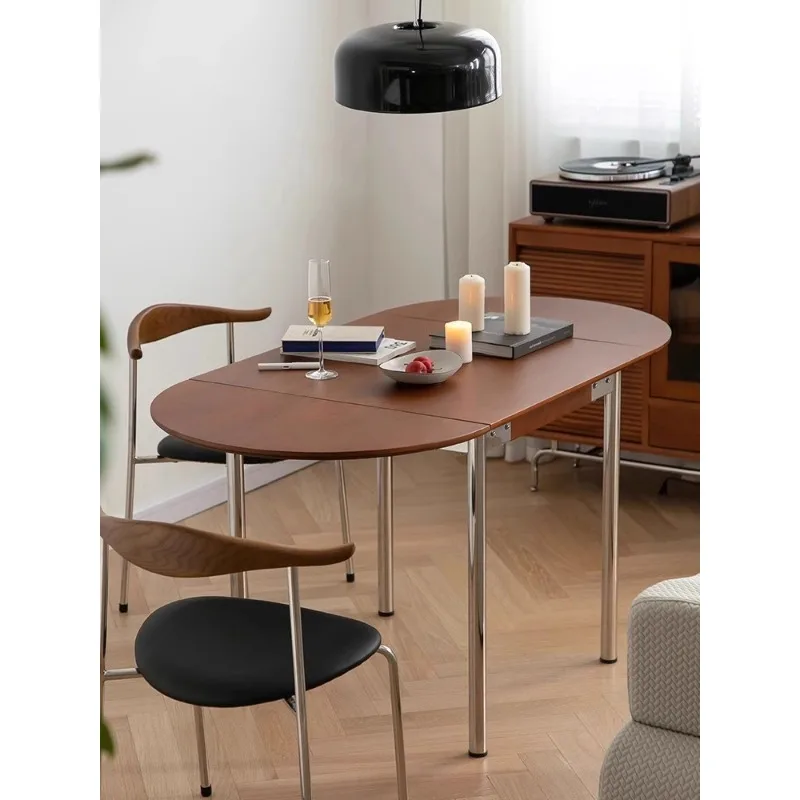 Solid wood stainless steel foldable dining table and chairs household small retractable rectangular table semi-circular dining
