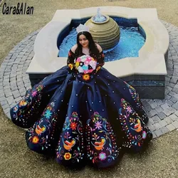 Charro Black Embroidery Quinceanera Dresses Long Sleeves Vestidos De XV Años Puffy Mexican Girls Birthday Gowns