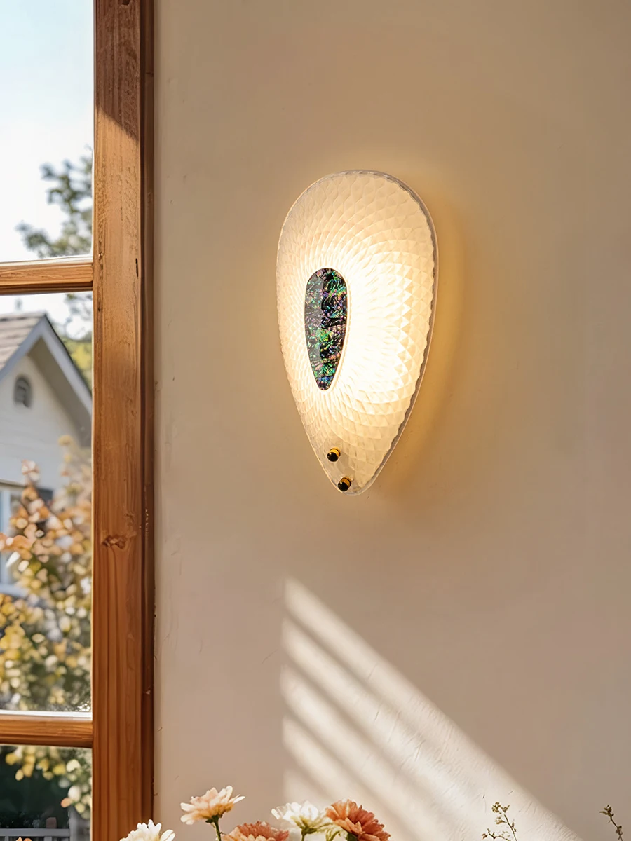 Modern Nordic White Glass Wall Sconce Iron Frame Diamond Texture Warm Soft Light Bedroom Living Room Hallway Bedside Indoor Lamp
