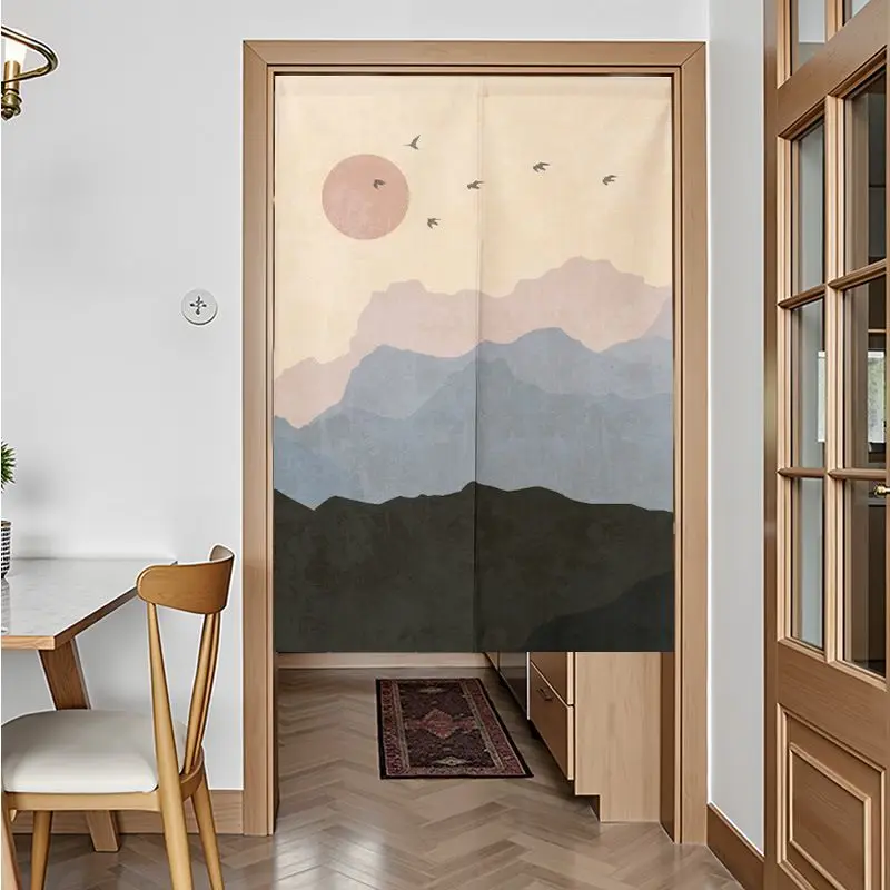 Abstract Landscape Sunrise Bird Fabric Half Door Curtain Partition Curtain Non Perforated Hanging Curtain Door Curtain