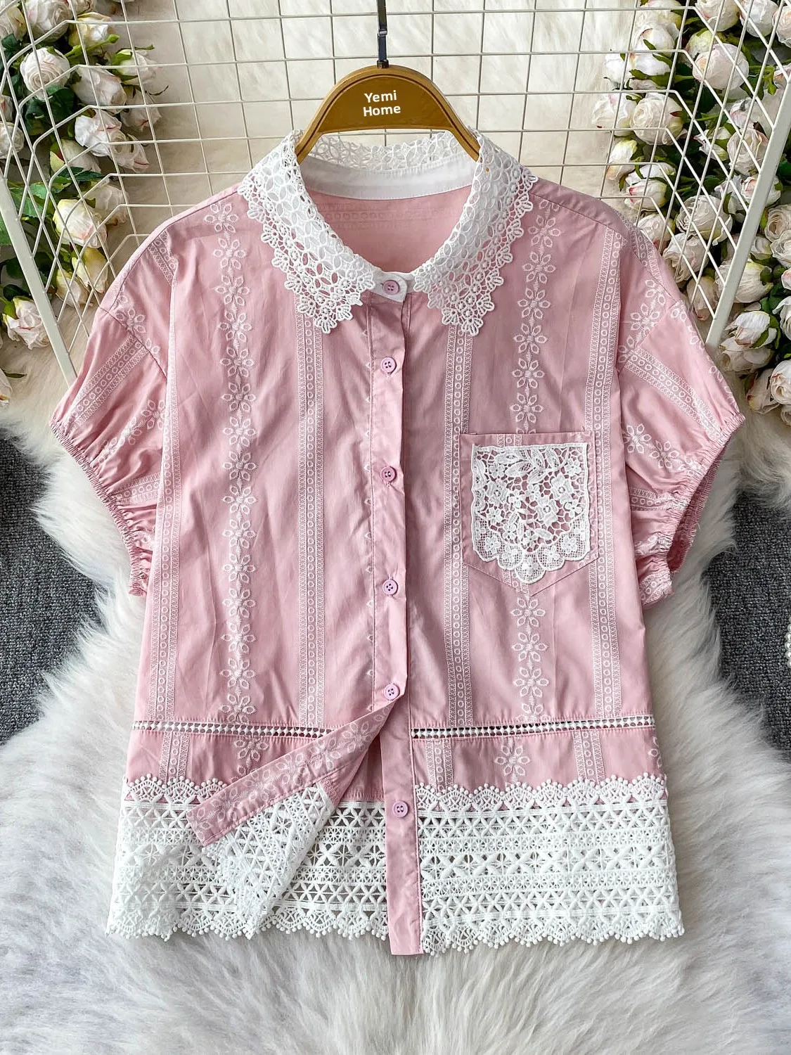 

Ele Heavy Embroidery Lace Bubble Sve irt Women Summer Casual Loose Slimming Top Comfortable Korean Sle Commute