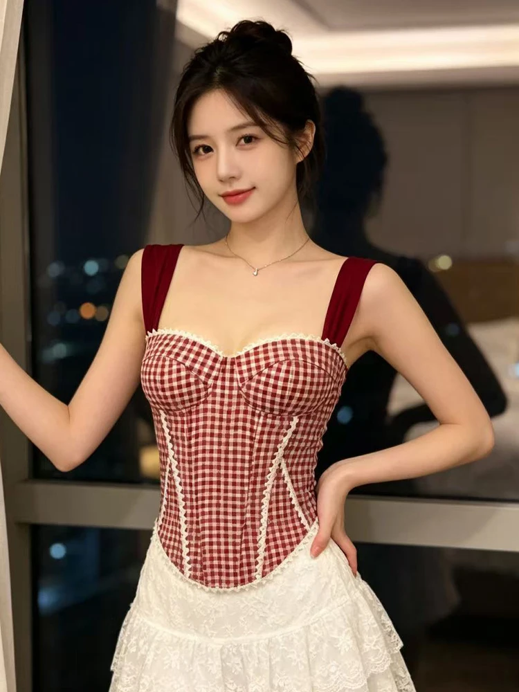 Sexy Girl's Plaid Lace Trim Halter Vest Top Vintage Checkered Fishbone Design Strapless Crop Top for Young Women Summer Wear