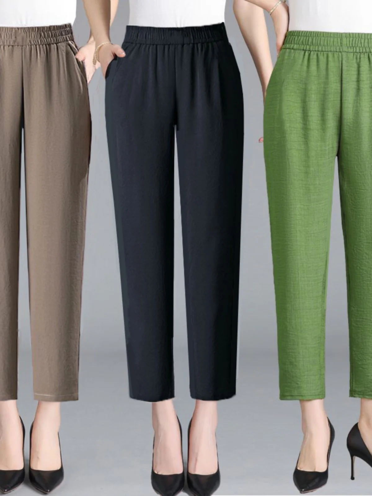 여름 신상 루즈핏 여성 바지 하이웨이스트 하란 나인 포인트 캐주얼 바지 중년 및 노년 여성용