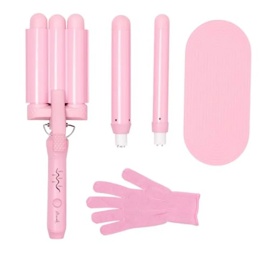 

3 in 1 Style Wand - Hair Waver with 3 Barrel Curling Iron 1 1/4 Inch 1 Inch Ceramic Barrel Pink Curler w/ Heat Glove Mat Interc
