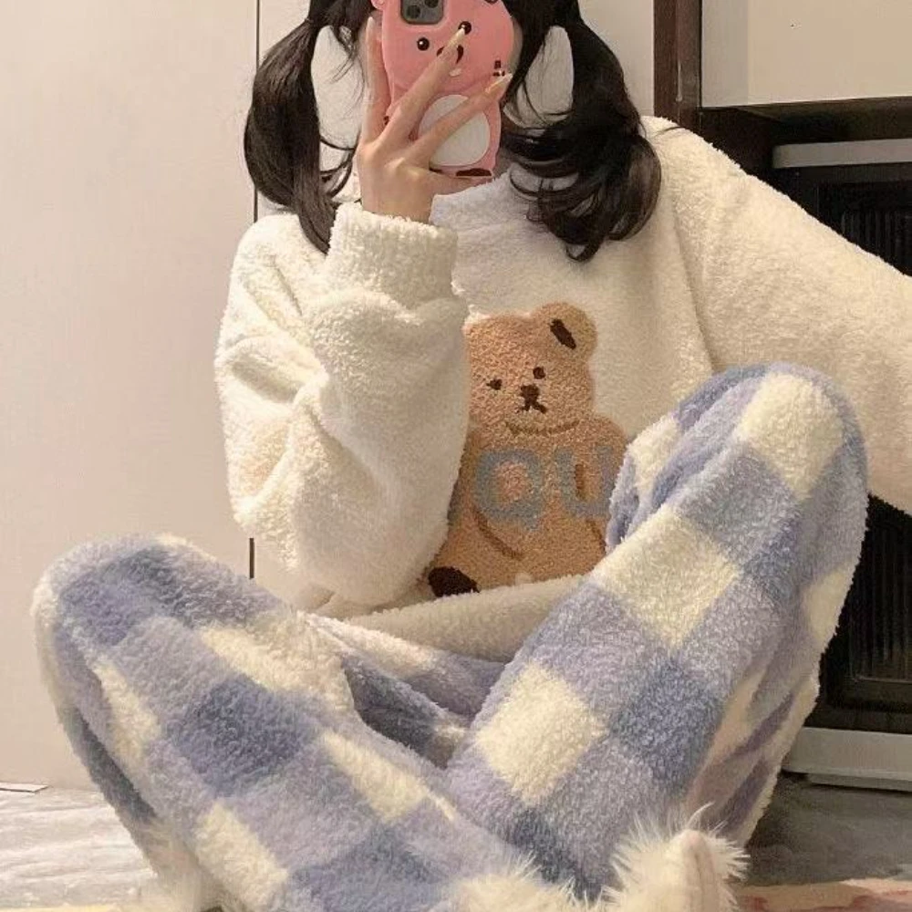 

Embroidery Bear Harajuku Style Women's Pajamas Set Thick Coral Fleece Two-Piece Nightwear Set Sweet Cute Cartoon Pajamas