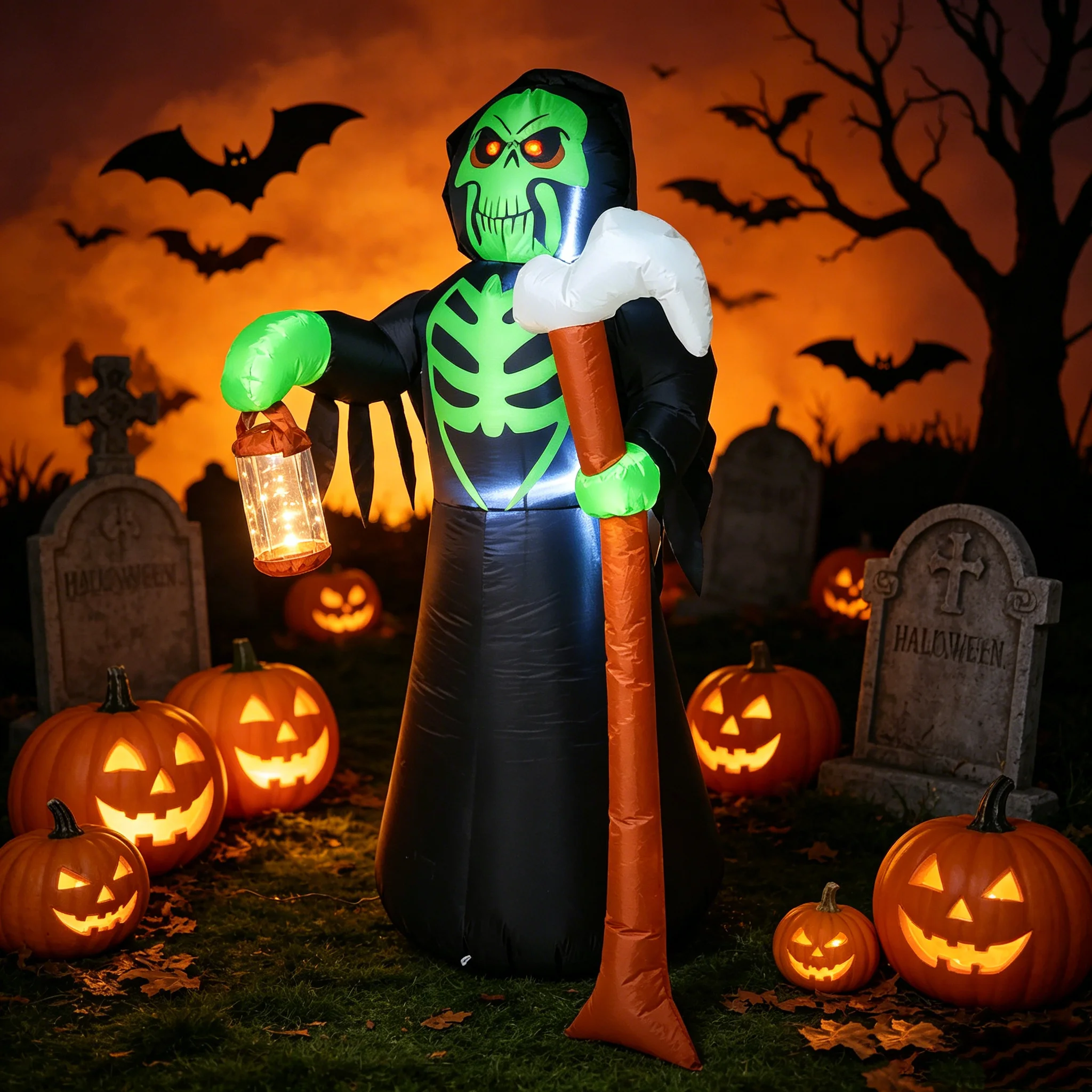 Halloween Inflatable Grim Reaper with LED Lights, Scythe & Lantern, Outdoor Yard Decoration, Pumpkin Ghost Tombstone Party Decor, Holiday Blow Up Ornament