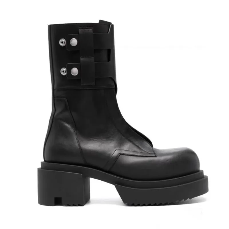 Genuine Leather Man Thick Soled Ankle Boot Fashion Woman Zip Man Black Boots