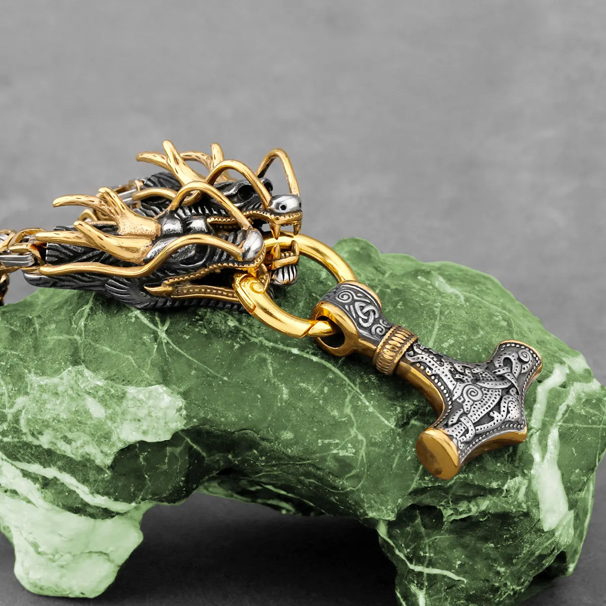 Men\'s Stainless Steel Viking Thor\'s Hammer Pendant Dragon Head Square Necklace Hip Hop Biker Fashion Jewelry Gift Wholesale