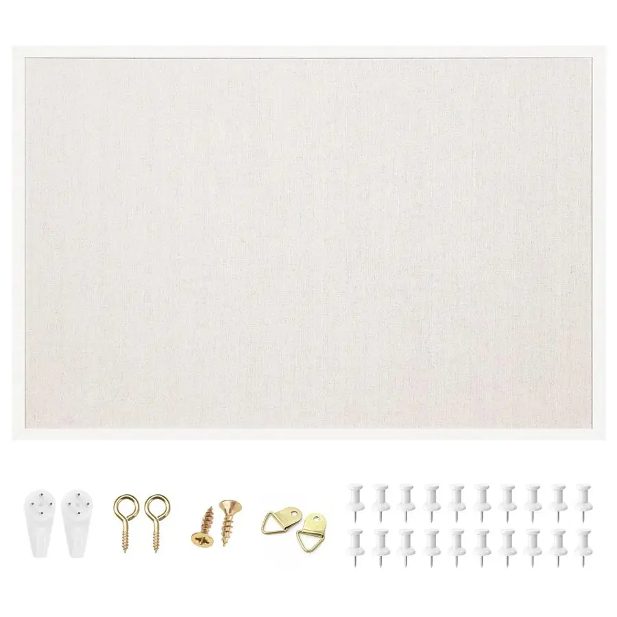 

Доска для заметок из льняной ткани 24 x 36 дюймов, белая пробковая доска в рамке из белого дуба, доска для визуализации и декоративная подвесная доска для заклеек