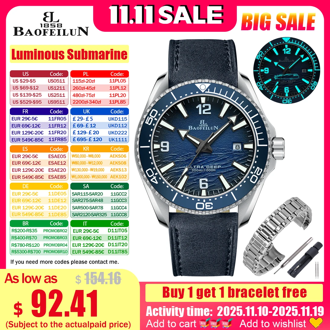 

BAOFEILUN Automatic Mechanical Diving Watch Wave Dial 300m Waterproof Date Luminous Display Mineral Crystal Men's Sports Watch