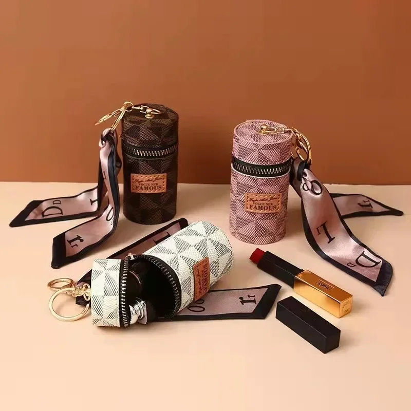 Luxury Leather Bucket Lipstick Pendant Earphone Bag Lipstick Mini Keychain Bag  key pouch Women Accessories Keyring Gift