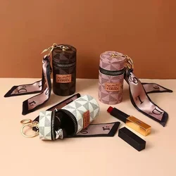 Luxury Leather Bucket Lipstick Pendant Earphone Bag Lipstick Mini Keychain Bag  key pouch Women Accessories Keyring Gift