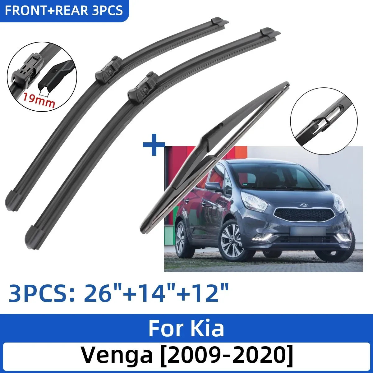 

For Kia Venga 2009-2020 26"+14"+12" Front Rear Wiper Blades Windshield Windscreen Window Cutter Accessories 2017 2018 2019 2020