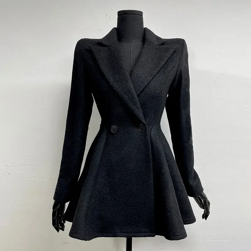 French Style Waist Slimming Woolen Suit New Korean Fashion Commuter Slim Fit Black Mid Length Woolen Suit Coat Women Clothing