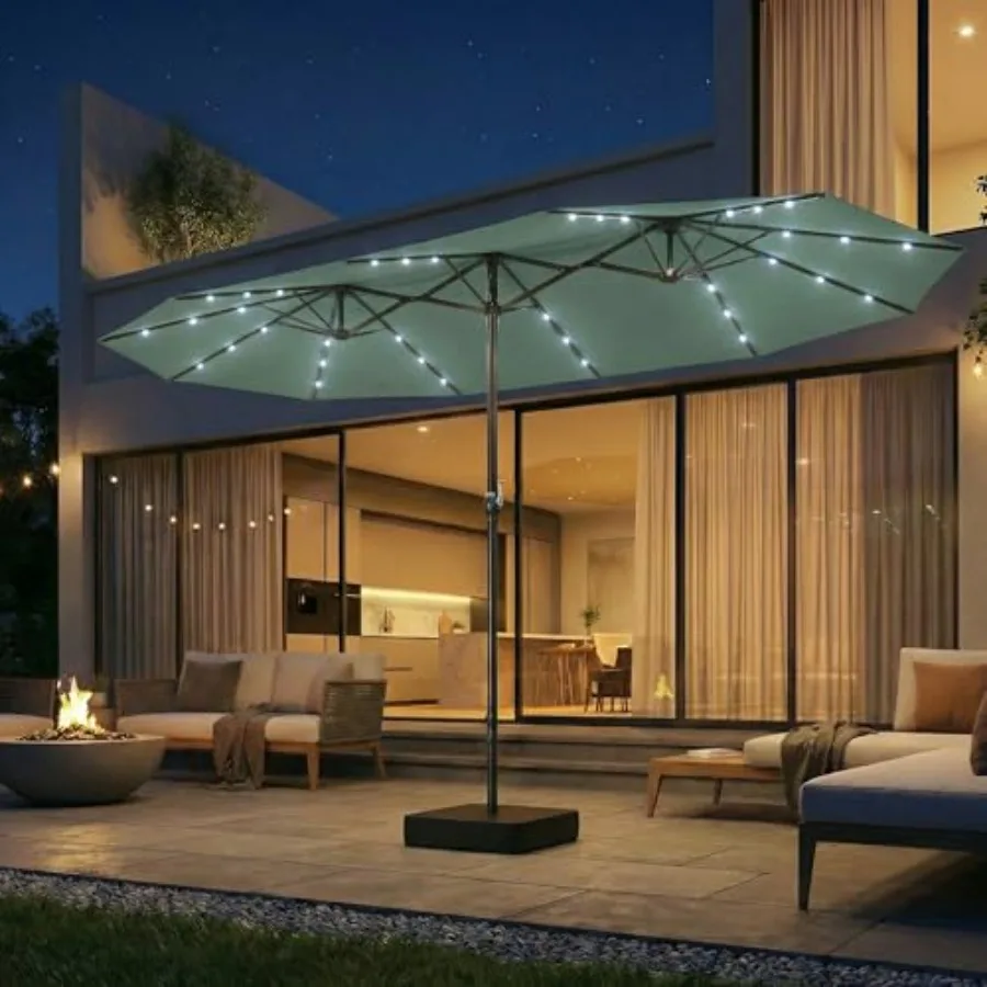 15Feet Outdoor Patio Umbrella with Base/Solor Lights, Double-Sided Patio Table Umbrella with Crank and Sturdy Ribs, Market Cent