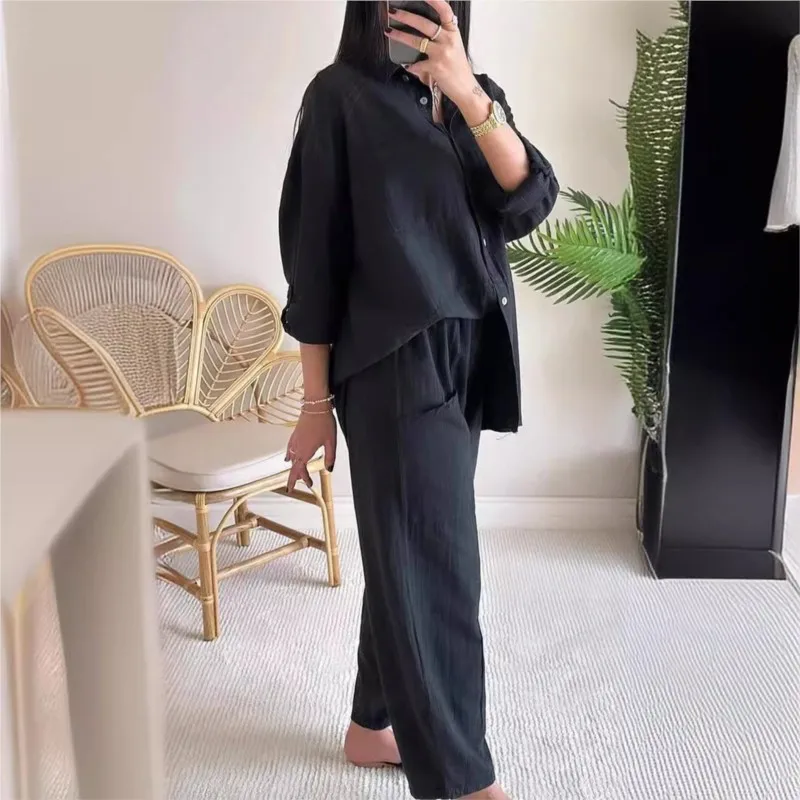 2024 Autumn Women Fashion New 2 Piece Set Cotton Linen Casual Solid shirt  Wide Leg Pants Casual Loose Pants set Office Elegant