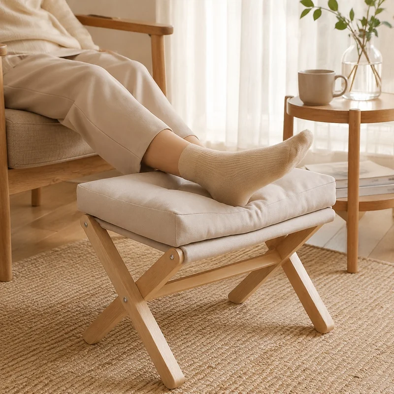Wooden Foldable Foot Stool with Plush Cotton Pad, Ideal for Living Room and Entryway Seating