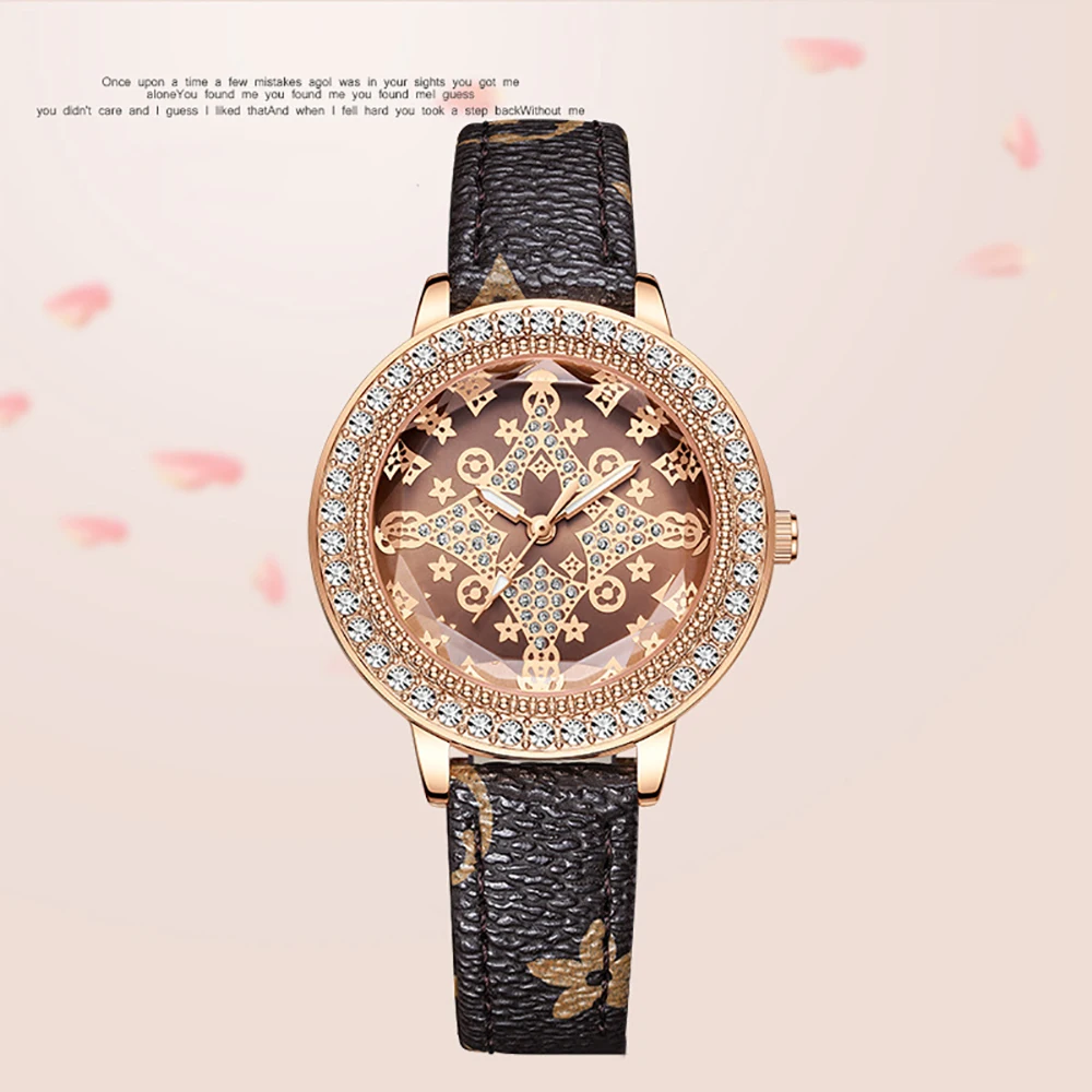 Classic Four Leaf Clover Fashion Quartz Wristwatches Diamond cutting surface Women\'s Watches Leather Strap Relojes Para Damas