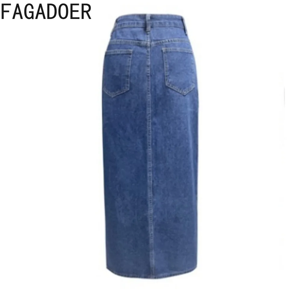 FAGADOER Fashion Denim Skinny High Slit Skirts Women High Waisted Button Slim Bottoms Spring New Female Solid Color Cowboy Skirt