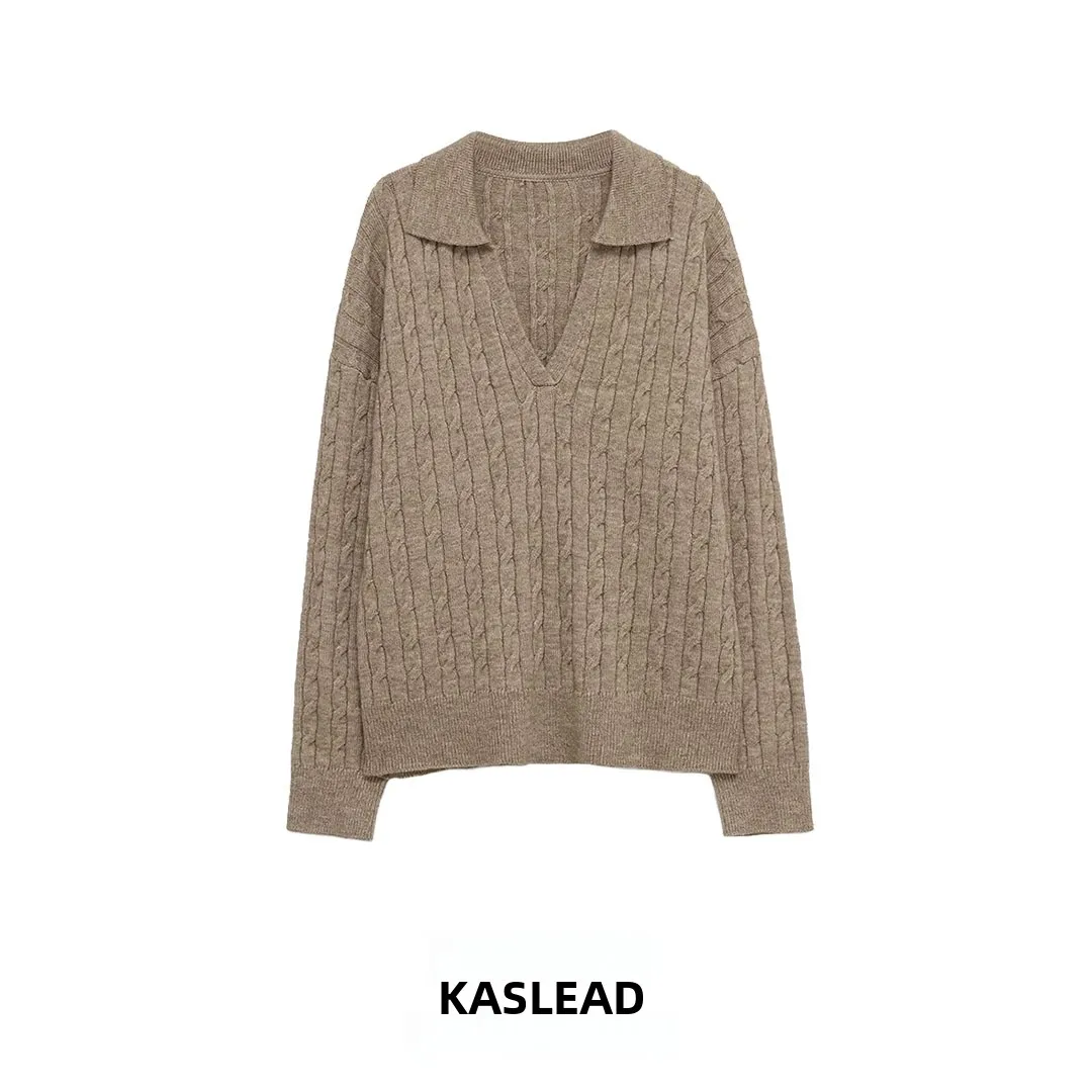 เสื้อสเวตเตอร์ถักไหมพรมแบบเรียบง่ายทันสมัย แขนยาว แปดเส้นใย สำหรับผู้หญิง ผลิตจากเส้นใยโพลีเอสเตอร์คุณภาพพรีเมียม คอปกพับได้...