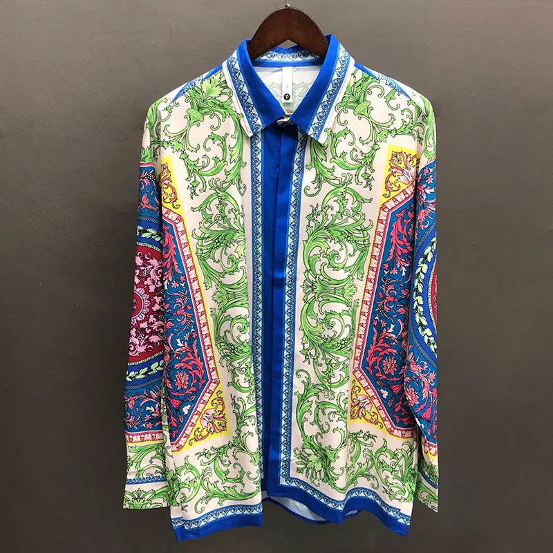 

Bohemian Ethnic Retro Print Pattern Long Sleeve Shirt Holiday Casual Dress Men Clothes Hawaiian Shirts Slim Mode Chemise Homme