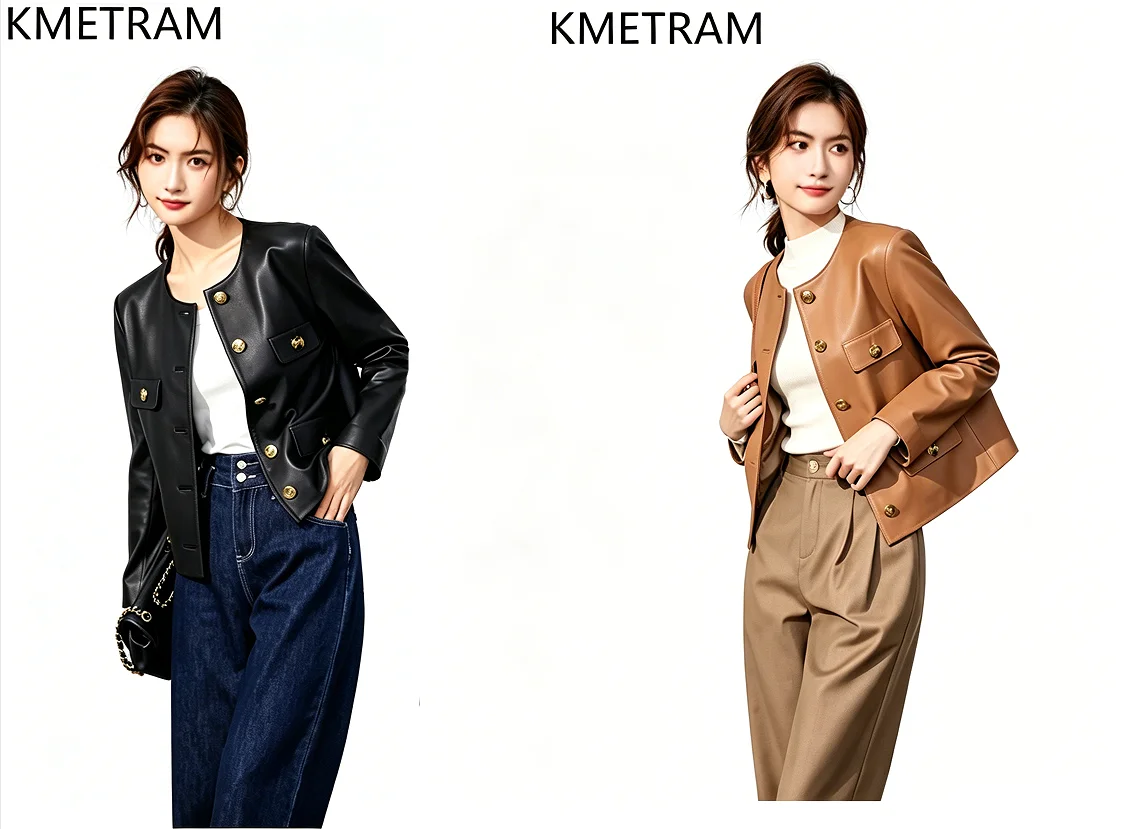KMETRAM Genuine Sheepskin Leather Jacket Woman Short O-Neck Coat Fashion Real Leather Jackets Autumn Women Clothing 2026 jaqueta
