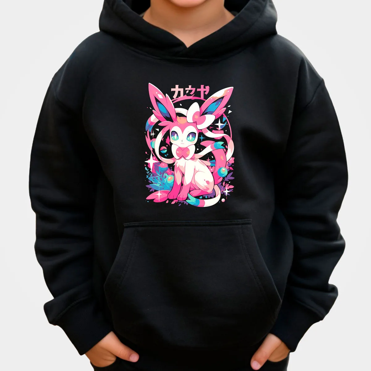 Sudadera con capucha de algodón de Anime Pokemon, Color negro con estampado de personajes de salpicaduras en rosa y azul, ropa de calle informal cálida y holgada para otoño e invierno