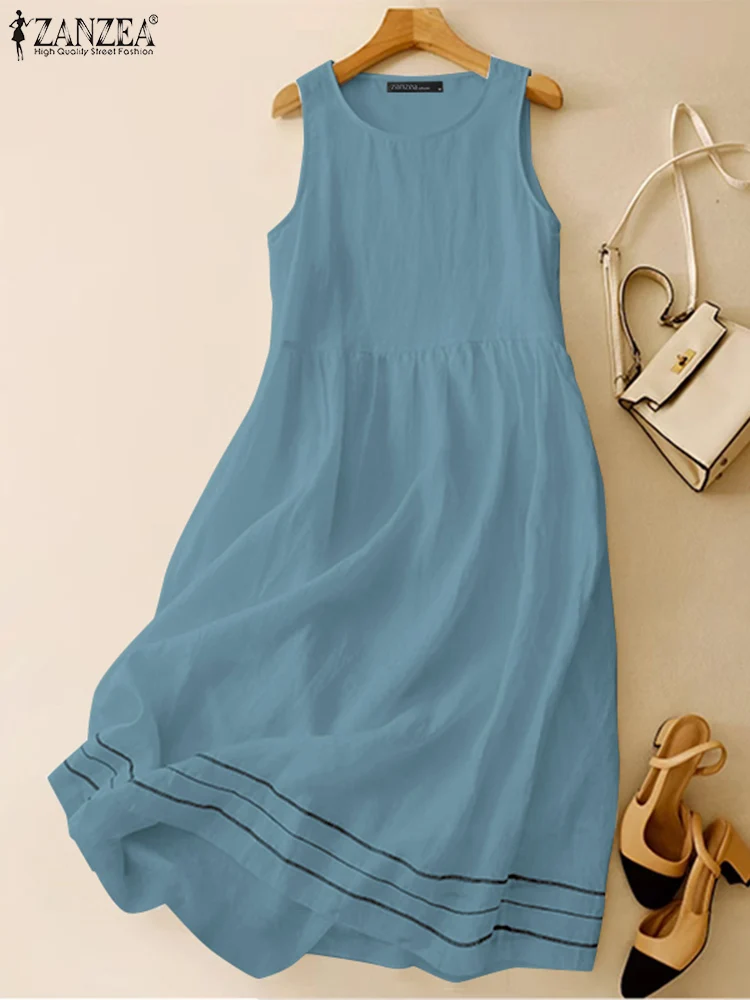 ZANZEA 2024 ฤดูร้อนชุดเดรสแขนกุดผู้หญิงแฟชั่น A-Line Holiday Beach Tanks Vestidos ทํางาน Sarafans Casual หลวมผ้าฝ้าย Sundress