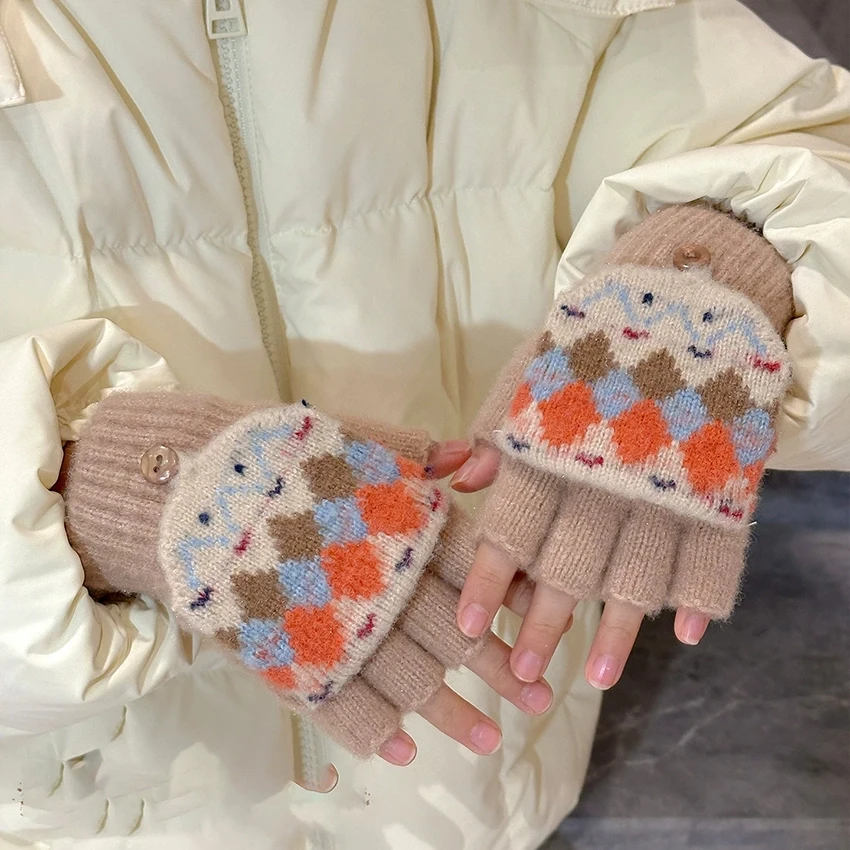 2 in 1 Flip Top Half Finger & Full Finger Thickened Warm Argyle Plaid Knitted Mittens 2026 New Kids Winter Convertible Gloves