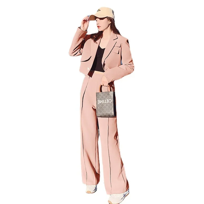 Insozkdg Spring British Style Short Trench Coat Wide Leg Pant Set Retro Casual Solid Color Loose Fitting Suit Pants 2-piece Sets