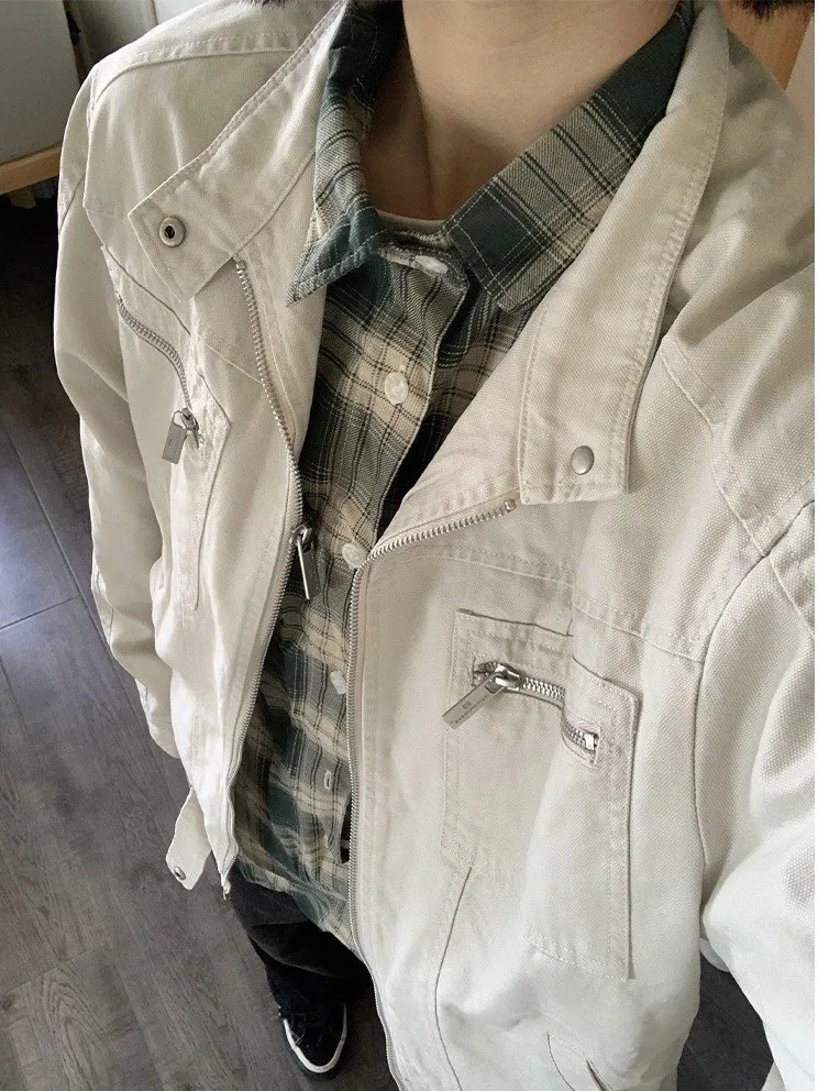 

Retro Sle Zipper ort Jaet American Collar Baseball irt ex Autumn Faionable Workwear Youth Straight Hem Jaet