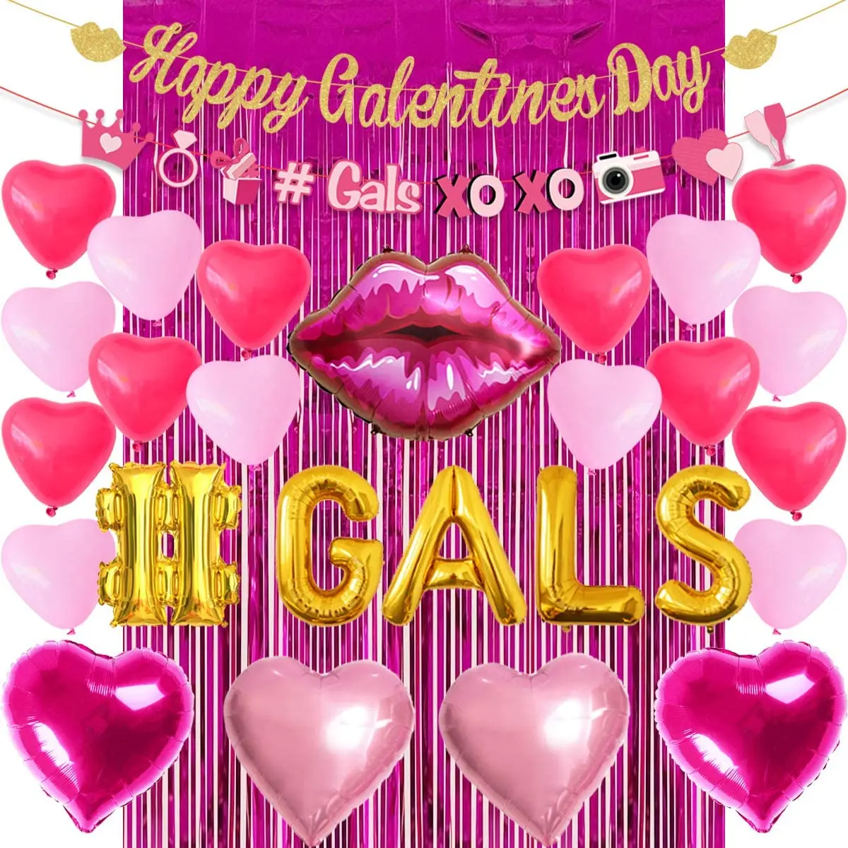 

Galentines Day Party Decorations Hot Pink Gals Heart Lip Foil Balloon Fringe Tinsel Curtain Happy Galentines Day Banner Garland