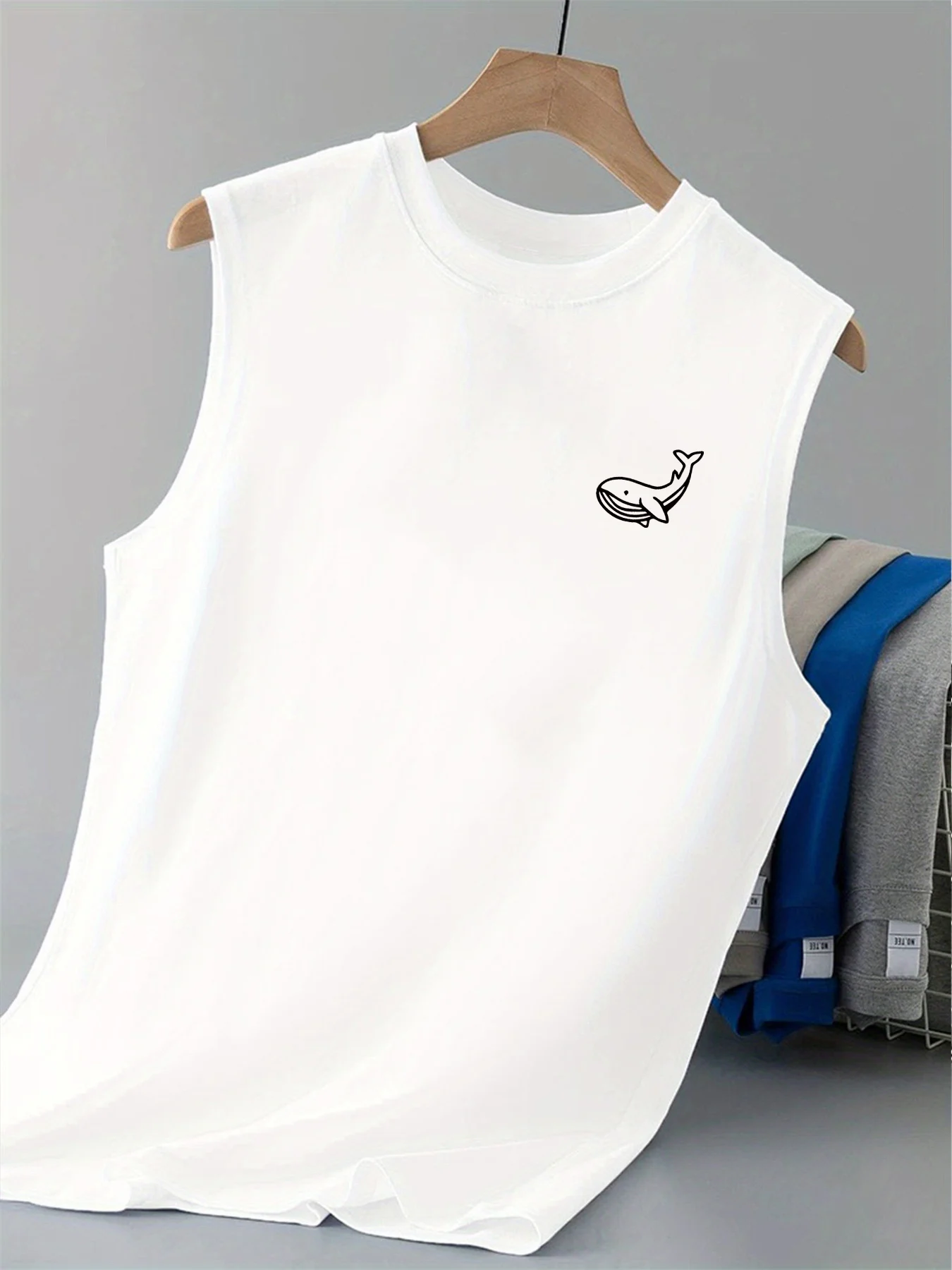 Men's Summer Leisure Sports Fitness Loose Whale Pattern Printed Comfortable and Breathable Round Neck Sleeveless Tank Top