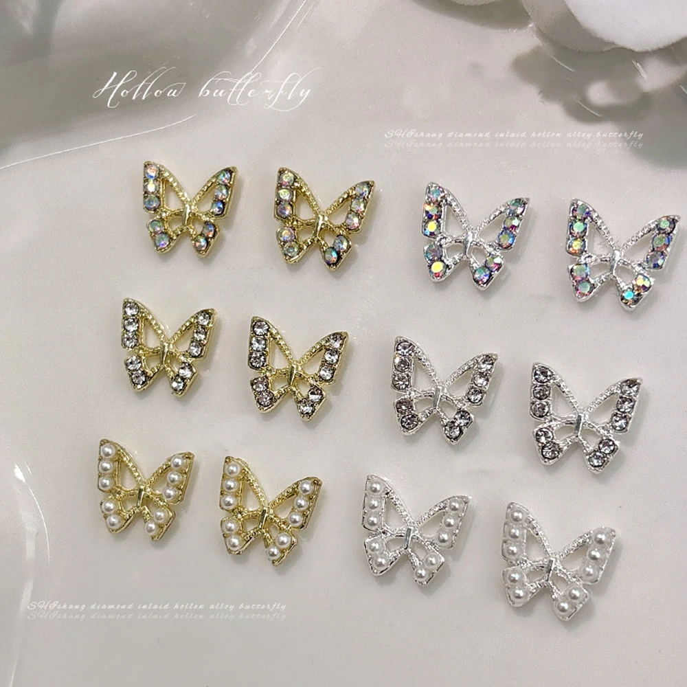 10pcs Alloy Butterfly Rhinestones Nail Art charms 3D Stereoscopic Pearl Butterfly Nail Art Luxury DIY Manicure Design Accessorie