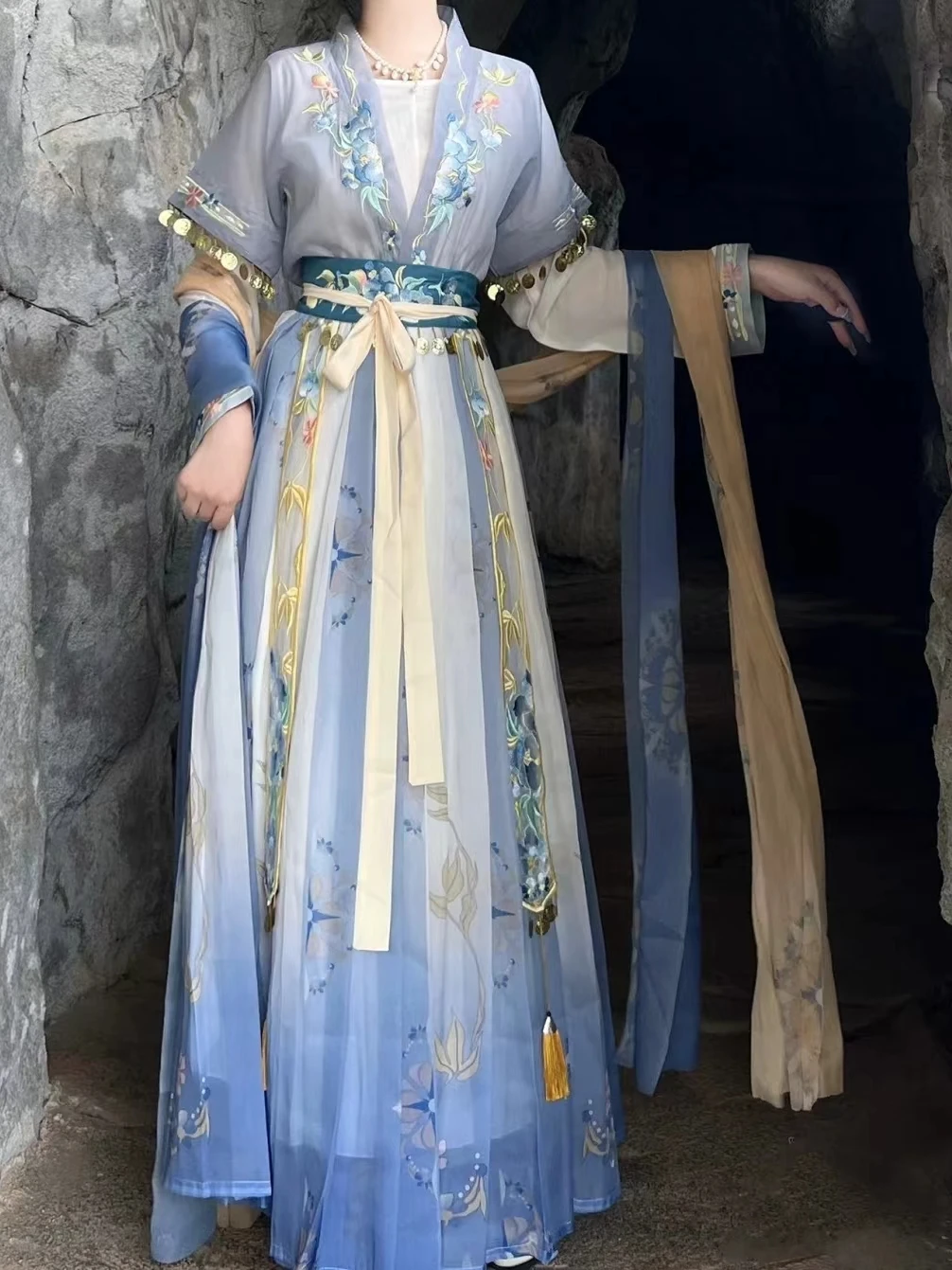 

Original Hanfu Women's Tang Sle One-Piece Embroidered Chest Skirt Long Sve Commute Super Fairy National Daily Dr
