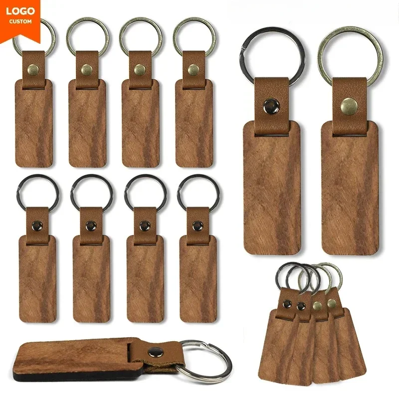 

Customized LOGO Wooden Keychain Pendant Retro Vintage Laser Engraved Keyring Rectangle Wood Car Key Chains for Friends Family