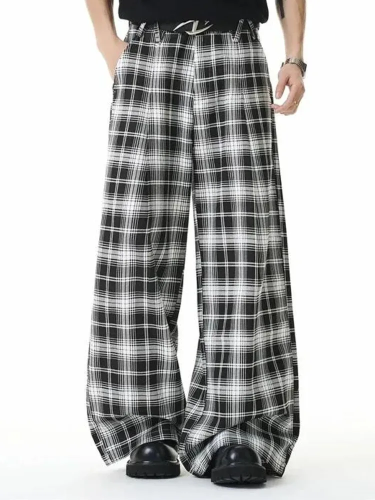 Money Style Old American Summer Pure Cotton Black And White Plaid Men's Casual Pants Loose Straight Long Pants HS1G