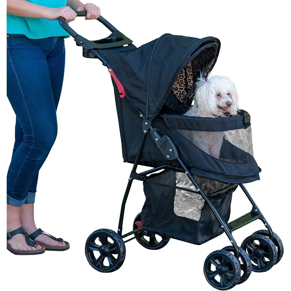 

No-Zip Happy Trails Lite Pet Stroller for Cats/Dogs Zipperless Entry Easy Fold with Removable Liner Storage Basket Cup Holder