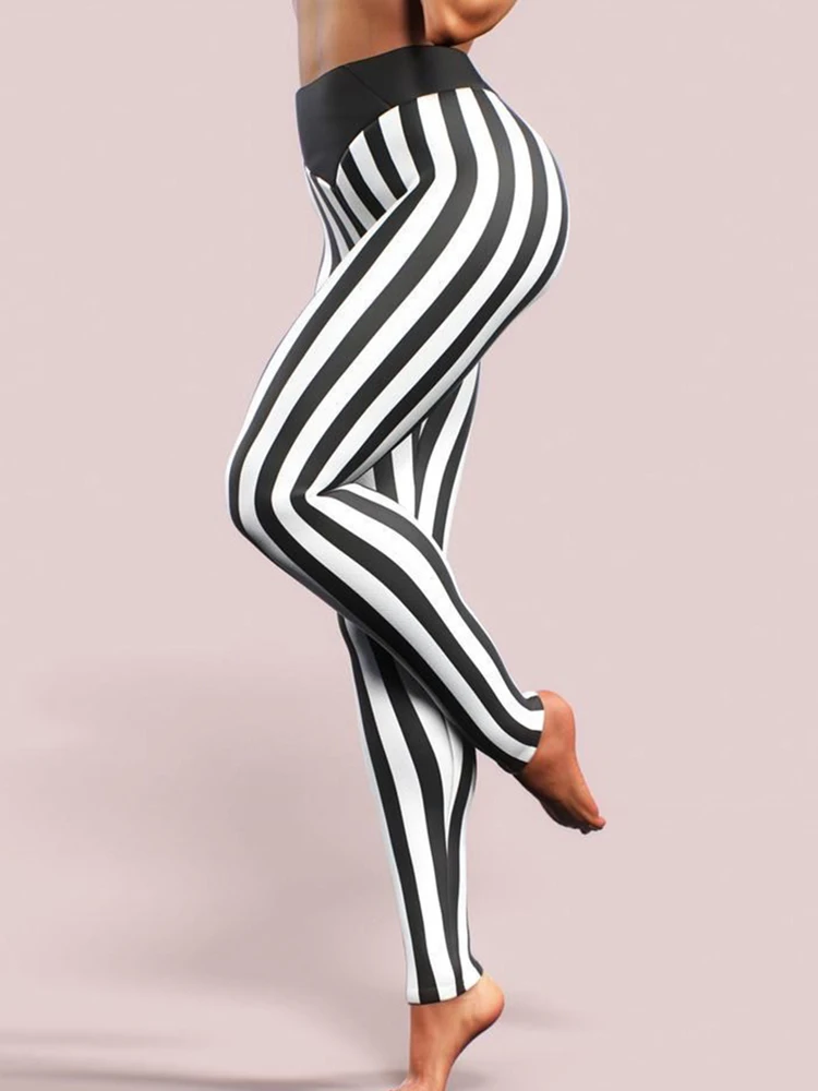 Leggings estampadas listradas de cintura alta feminina, calça lápis de treino, jeggings elásticos de ginástica, preto e branco, moda sexy