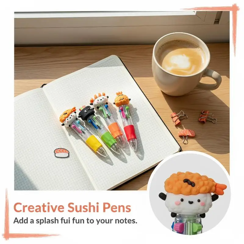 Sushi Design 4 Color Ballpoint Pens 1/5 Pcs Cute Salmon Shape Multifunction Writing Pens for Kids School Home Office Gift Use