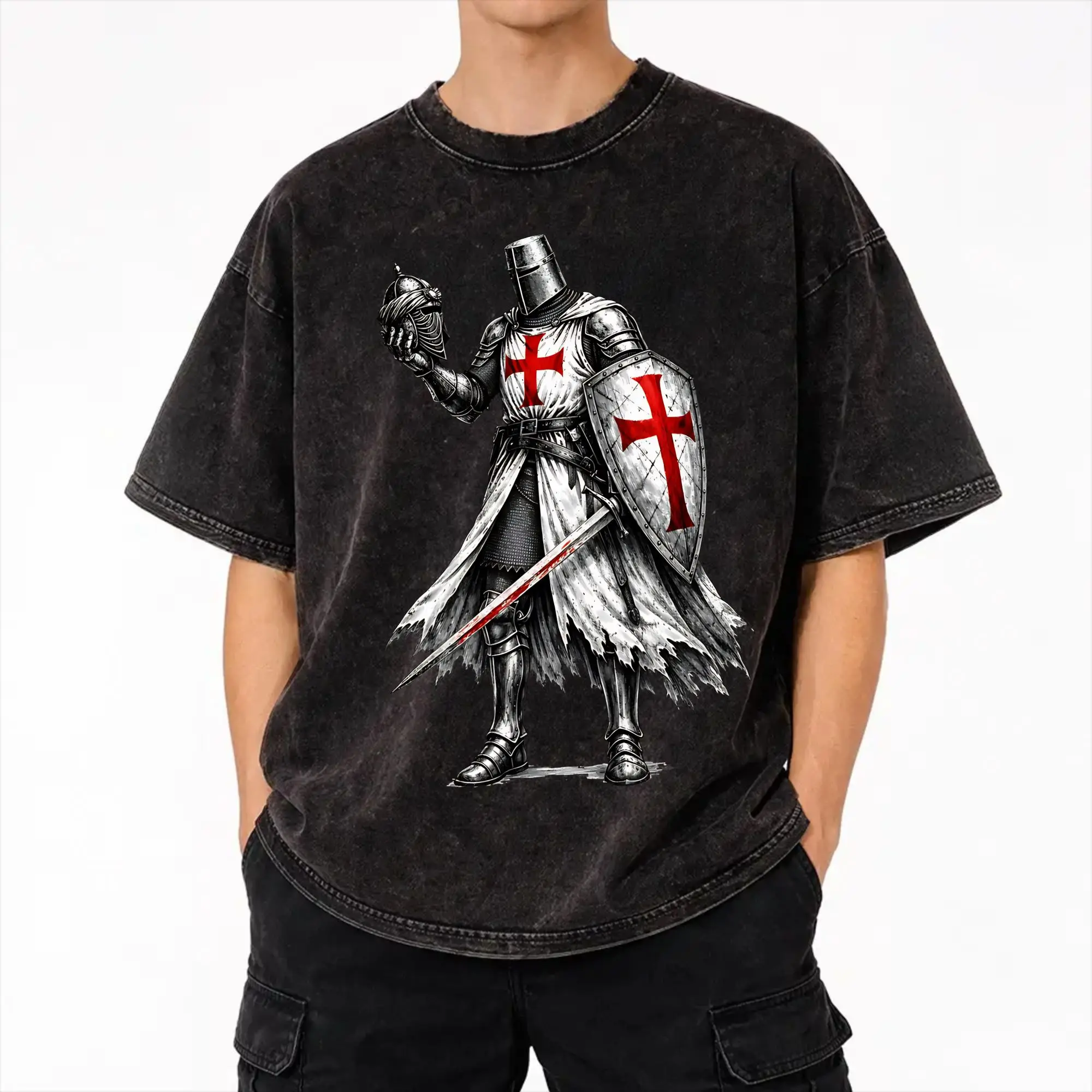 Crusader knight Templar Cross Knights Outfit Washed T Shirts for Men Women Streetwear Hip Hop T-Shirt Summer  Tees Tops