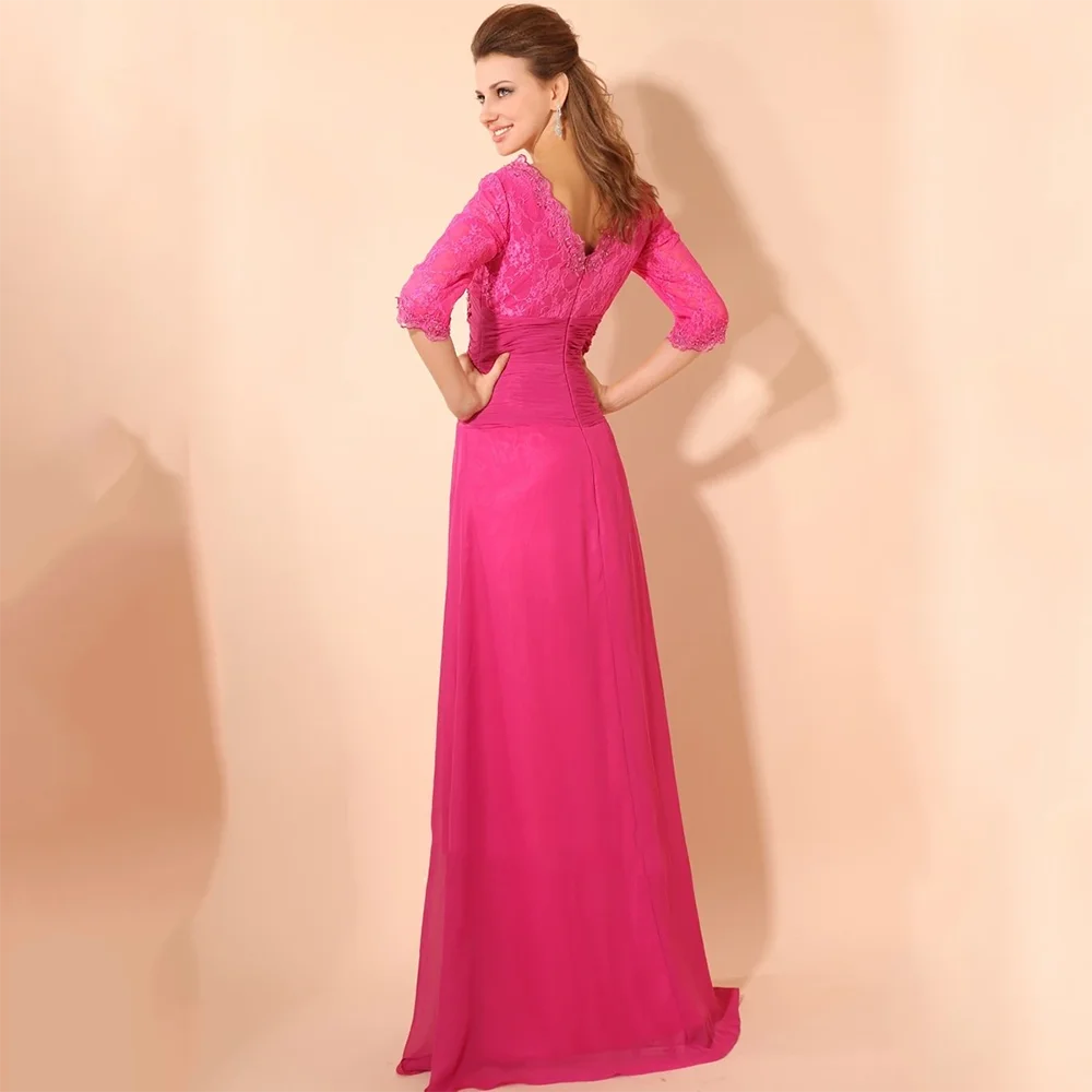 Women's Pink V-neck Half Sleeve Party Dresses Customized Chiffon A-line Floor Length Mother of The Bride Dress with Floral Print