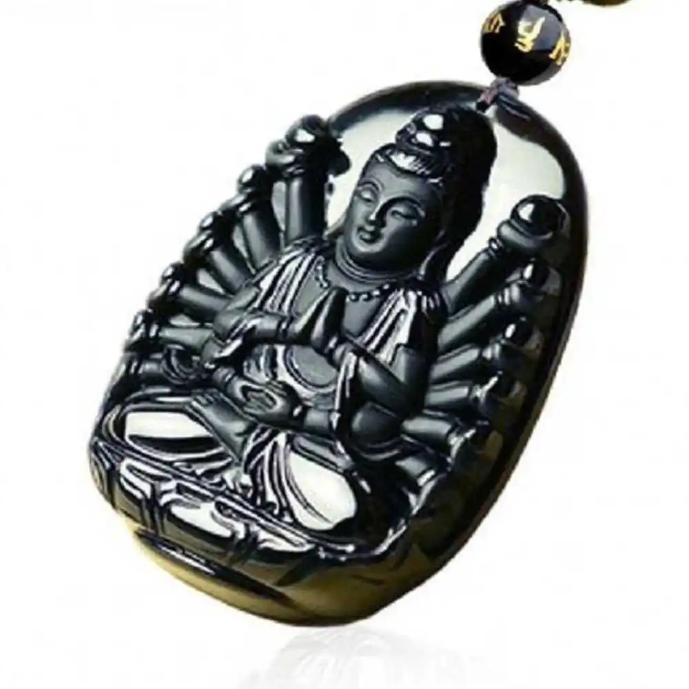 Obsidian Carved Thousand-Hand Kwan-yin Lucky Amulet Pendant Gifts New Men Unisex Pendants Keychain Energy Healing Chakra Tibetan