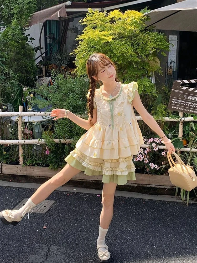 Y2k Japanese Style Bow Kawaii 2 Piece Skirt Sets 2000s Slim Sweet Camis + Mini Skirts Harajuku Vintage Print Summer Women Suits