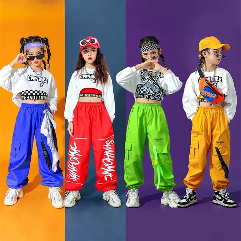 Hip Hop Girls Colorful Cargo Pants Crop Top Child Streetwear Cheerleader Solid Joggers Kids Jazz Street Dance Stage Clothes Sets