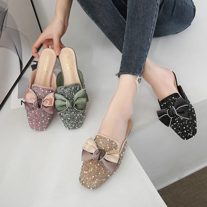 

New Women Sequins Half Slipper Women's Flat Sole with Bow Muller Shoes Baotou Slippers Casual Lady Sandals QC1225-7