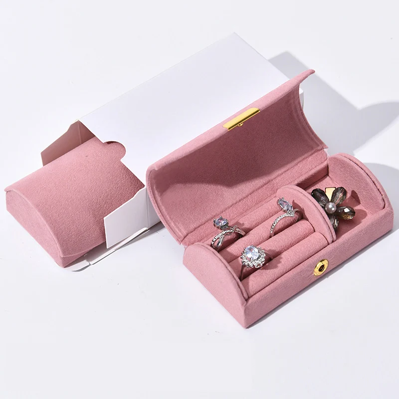 Velvet Snap-On Pearl Jewelry Box, Semi-Circular Arc Portable Ring & Earring Storage Case for Women, Compact Gift Box 11×6CM