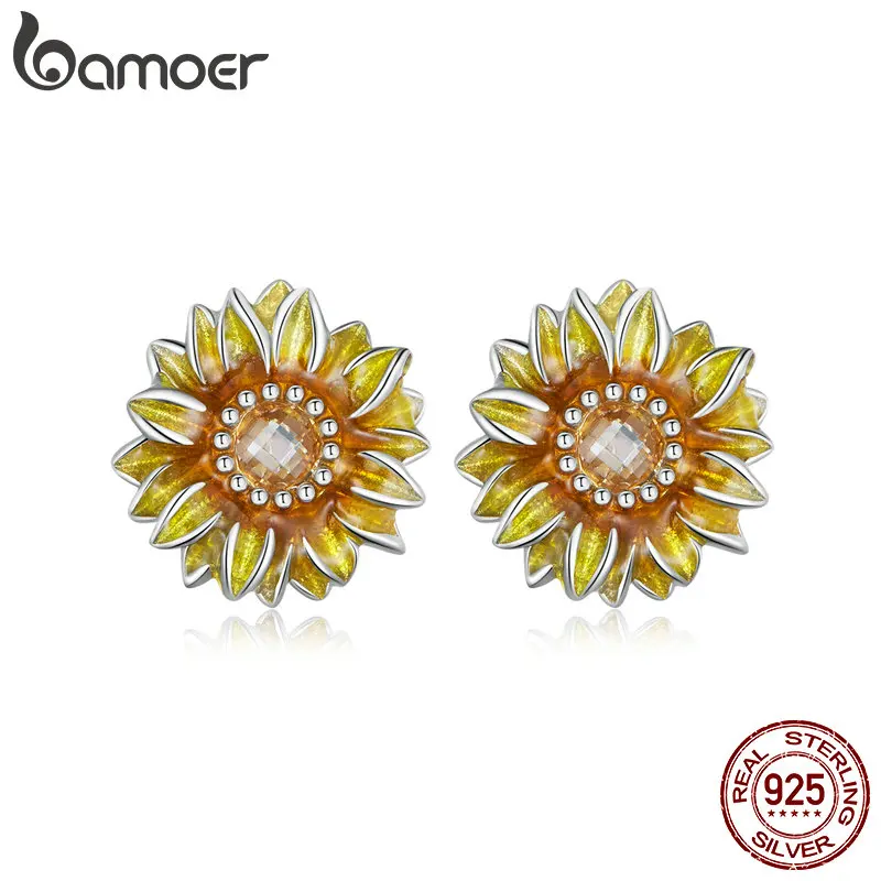 Bamoer 925 Sterling Silver Enamel Sunflower Stud Earrings Vintage Flower Earrings for Women Girls Fine Jewelry Gift